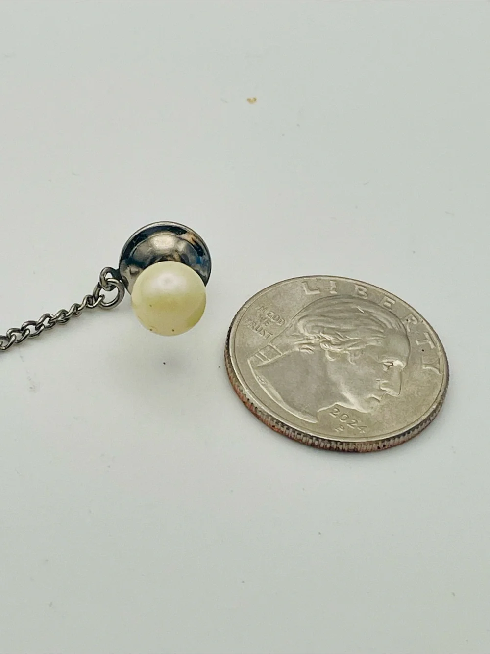 Vintage Silver Tone Chain Tie Tack with Faux Pearl Bead